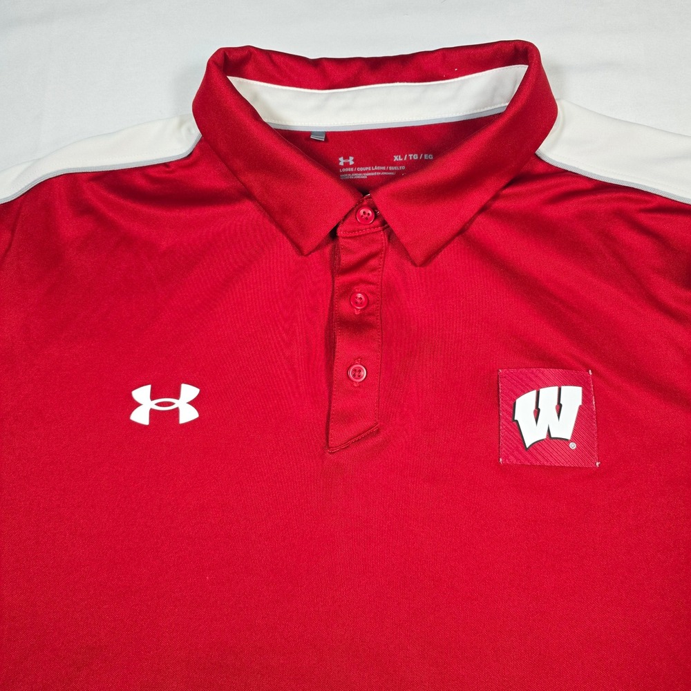 Under Armour Wisconsin Badgers Polo Shirt Mens XL Red HeatGear Loose Fit NCAA